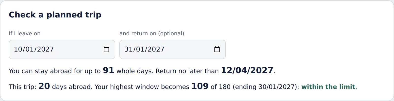 Trip planner showing a 20-day trip within the limit